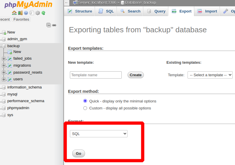 Export MySQL database to SQL