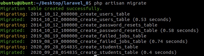 student table migration