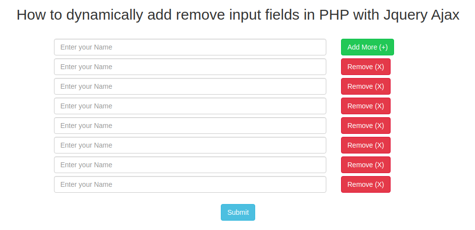 Dynamically add remove input fields in PHP with Jquery Ajax