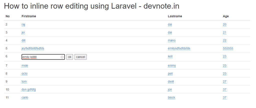 inline row editing using laravel