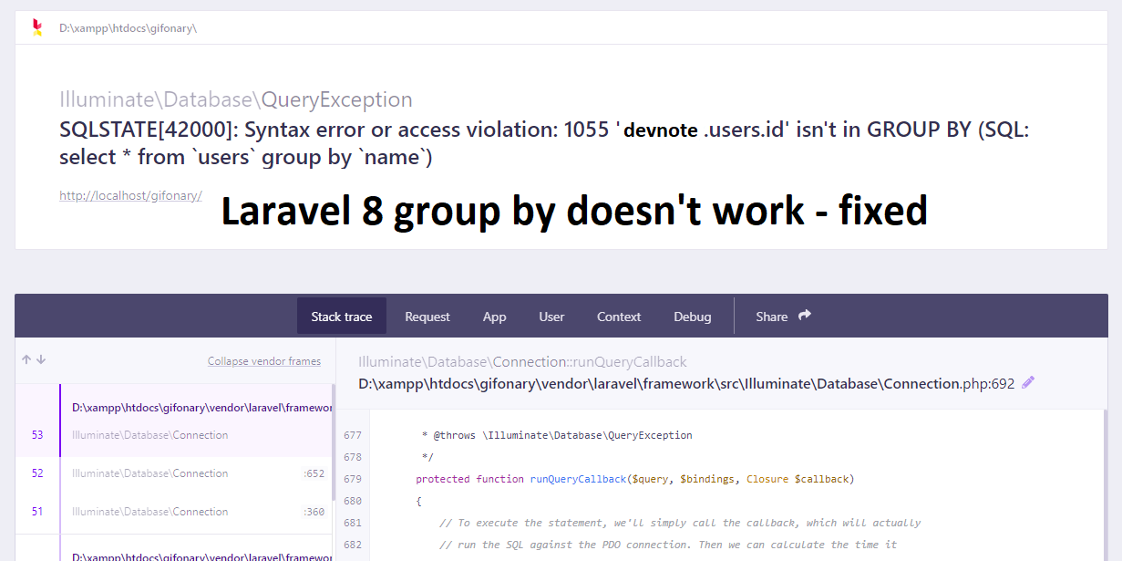 Laravel 8 group by doesn't work - fixed