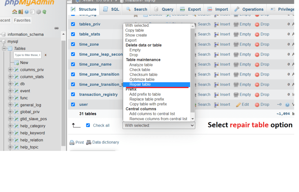 Select repair table 1030 - Got error 176 Read page with wrong checksum from storage engine Aria