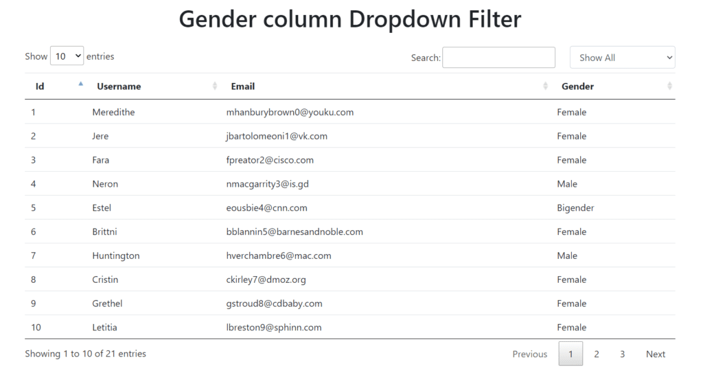 Gender column Dropdown Filter