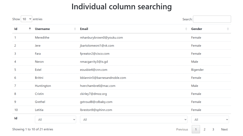 Individual column searching